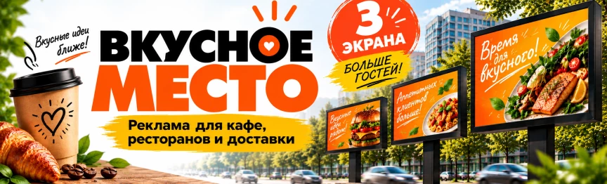Реклама на светодиодных экранах для кафе, ресторанов и доставки